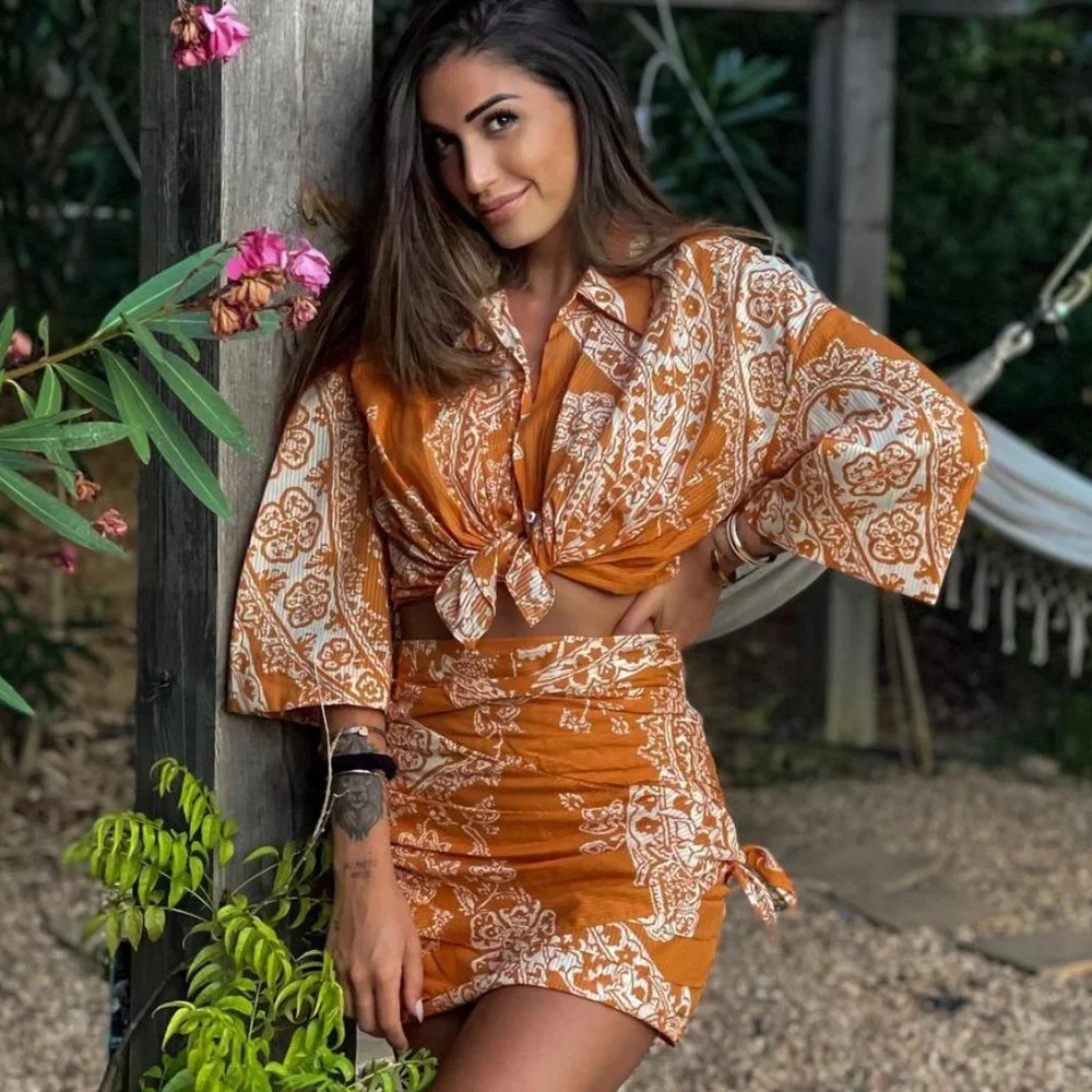 Zara 2 Piece Printed Mini Skirt And Top Co-ord Set Burnt Orange NWT